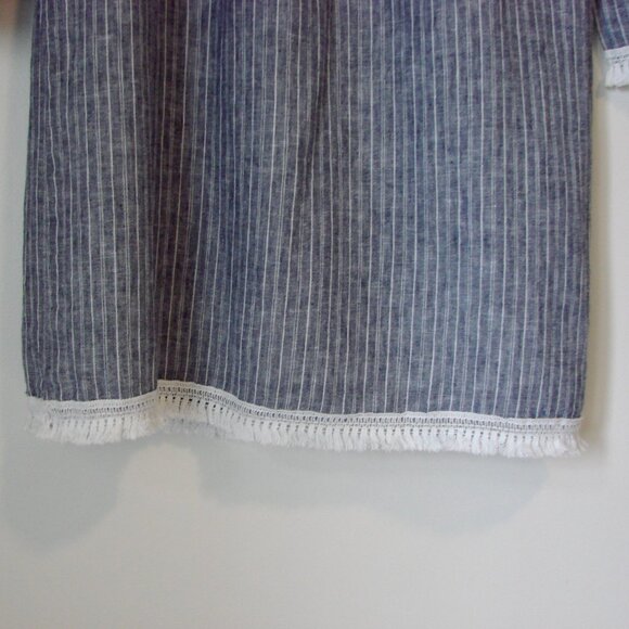 Linen Blend Striped Floral Dress Loose Embroidered Fringe BeachLunchLounge XS - Picture 9 of 13
